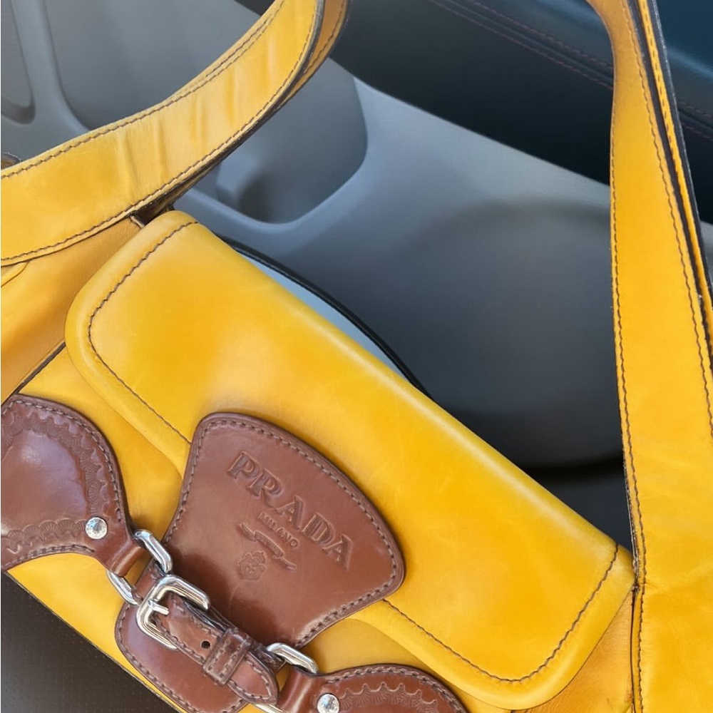 Vintage Prada Yellow and Brown Leather Shoulder Bag